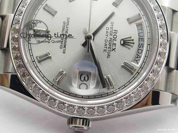 0126 TechFriendly Day Date 40mm SS BP Maker Best Edition Diamond Bezel Silver Dial On SS Bracelet ETA 3696